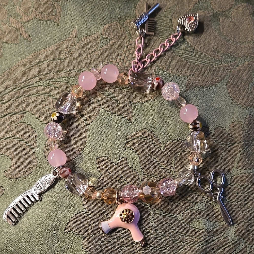Hairdresser's Pink and Clear Beaded Charm Bracelet